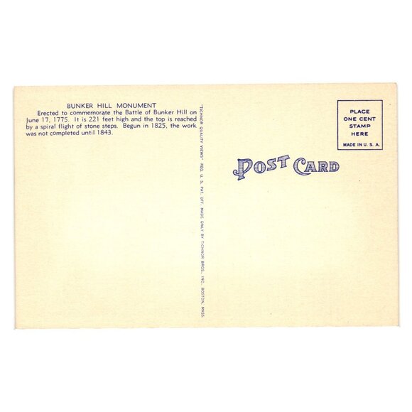 Vintage Bunker Hill Monument Postcard Charlestown MA 221 Ft Tall USA Linen - Picture 2 of 2